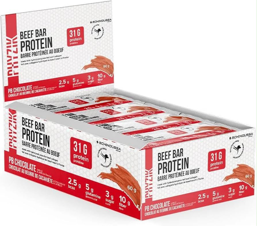 Schinoussa Beef Protein Bar – Chocolate Peanut Butter Flavour | 30g Grass-Fed Beef Protein, 2.5g BCAA, 5g Glutamine, 3g Sugar, 10g Fiber | High Protein Low Sugar Keto-Friendly Energy Snack (12 BARS) (Chocolate Peanut Butter)